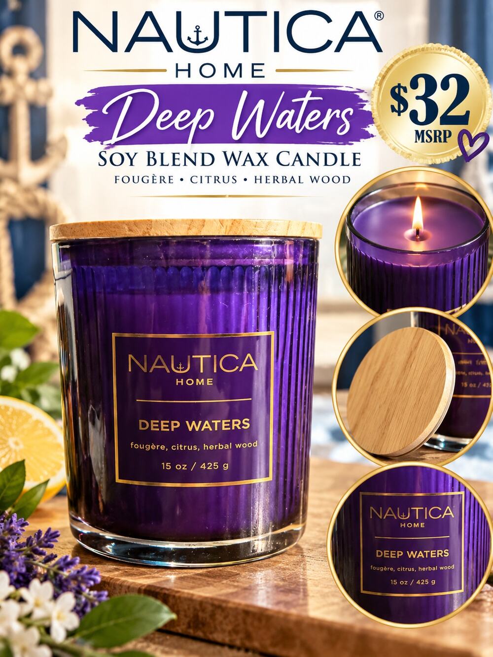 Nautica $32 Home Deep Waters Soy Blend Wax Candle 15oz NEW